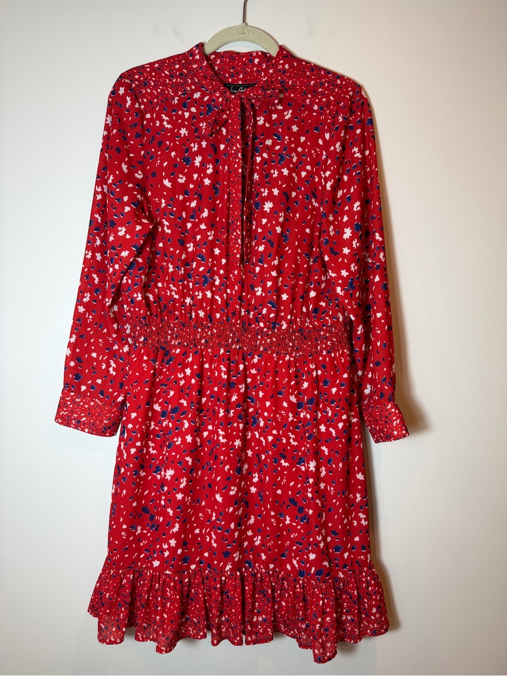 Sam Edelman Red Floral Long Sleeve Mini Dress Smocked Waist Tie Neck Size 14